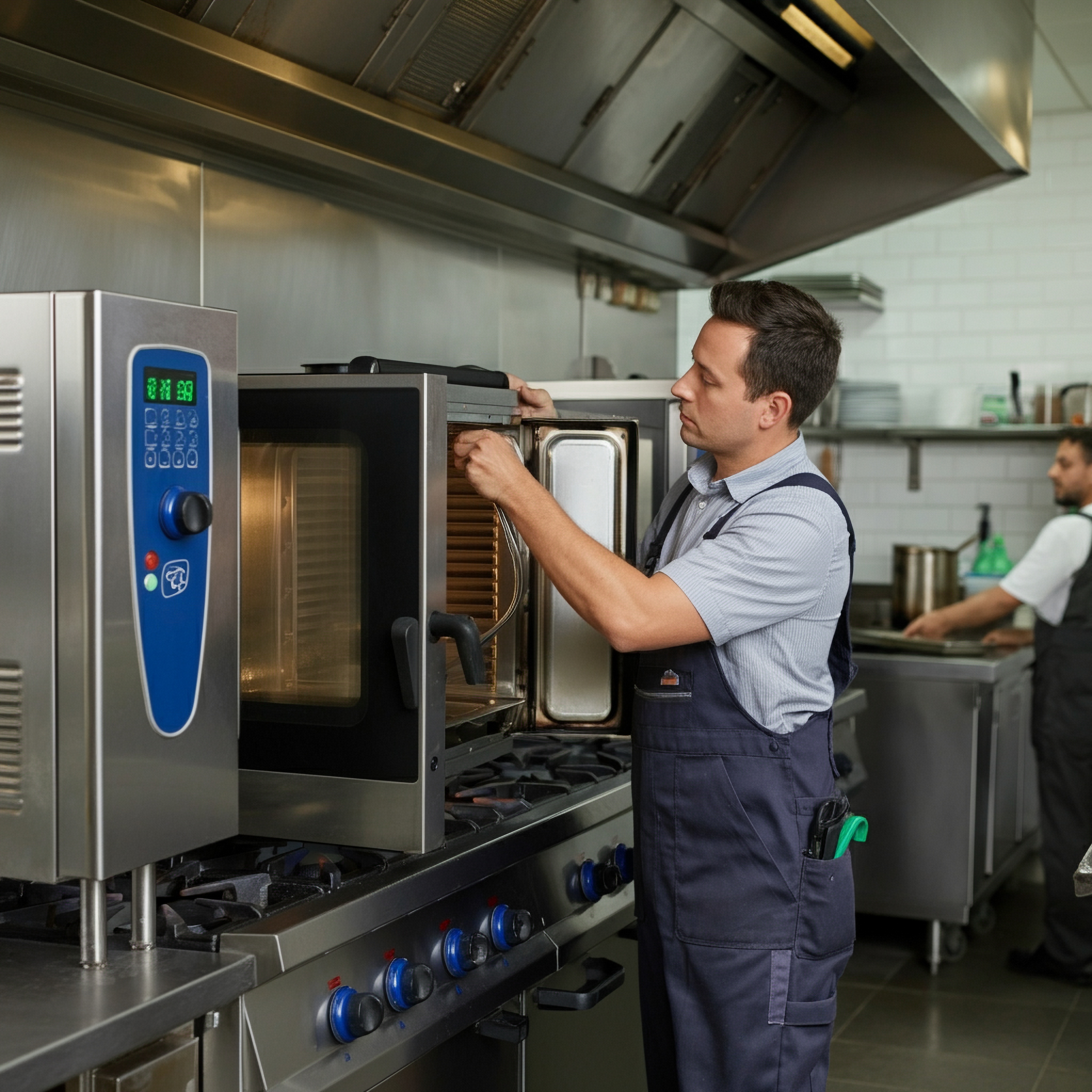 Maintenance professional opening exhaust hood with IKECA certification badge overlayed